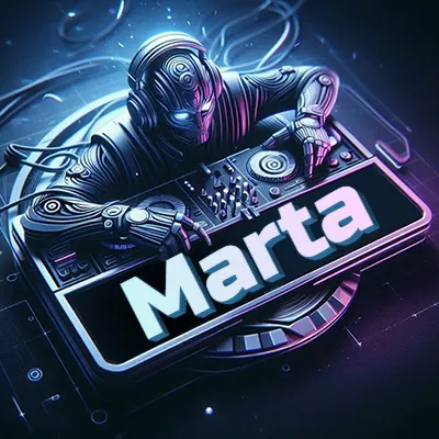 Estilo cyberpunk con DJ robot tocando, nombre en primer plano con iluminación neón. - Marta