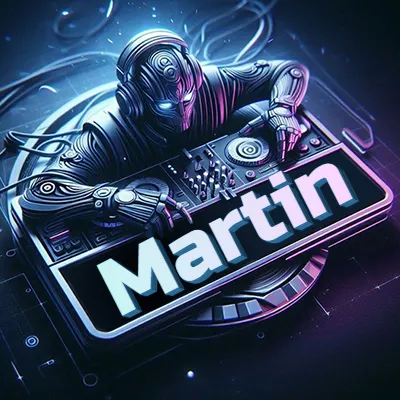 Estilo cyberpunk con DJ robot tocando, nombre en primer plano con iluminación neón. - Martin