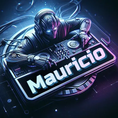 Estilo cyberpunk con DJ robot tocando, nombre en primer plano con iluminación neón. - Mauricio