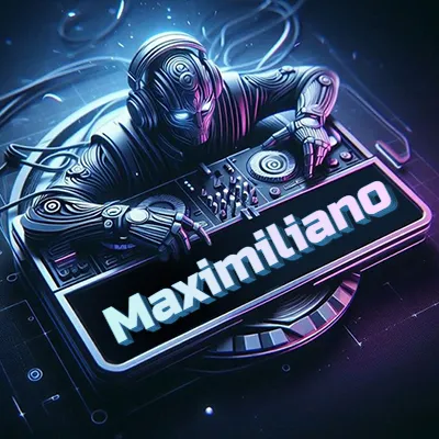 Estilo cyberpunk con DJ robot tocando, nombre en primer plano con iluminación neón. - Maximiliano