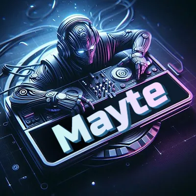 Estilo cyberpunk con DJ robot tocando, nombre en primer plano con iluminación neón. - Mayte
