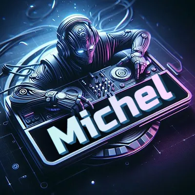 Estilo cyberpunk con DJ robot tocando, nombre en primer plano con iluminación neón. - Michel