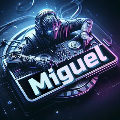 Estilo cyberpunk con DJ robot tocando, nombre en primer plano con iluminación neón. - Miguel