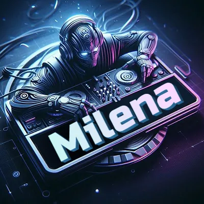 Estilo cyberpunk con DJ robot tocando, nombre en primer plano con iluminación neón. - Milena