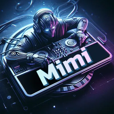 Estilo cyberpunk con DJ robot tocando, nombre en primer plano con iluminación neón. - Mimi