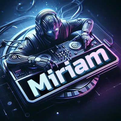 Estilo cyberpunk con DJ robot tocando, nombre en primer plano con iluminación neón. - Miriam