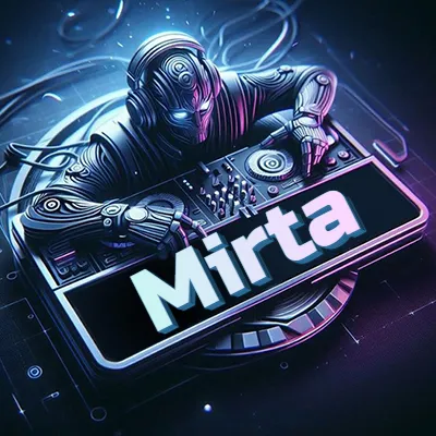 Estilo cyberpunk con DJ robot tocando, nombre en primer plano con iluminación neón. - Mirta