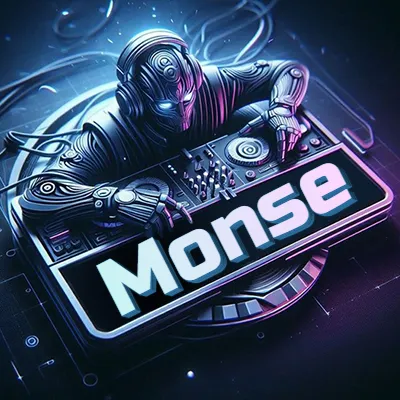 Estilo cyberpunk con DJ robot tocando, nombre en primer plano con iluminación neón. - Monse Estilo cyberpunk con DJ robot tocando, nombre en primer plano con iluminación neón. - Monse