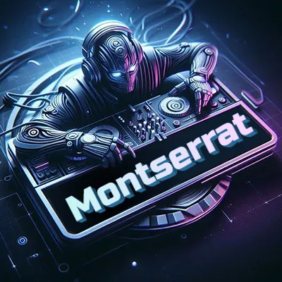 Estilo cyberpunk con DJ robot tocando, nombre en primer plano con iluminación neón. - Montserrat
