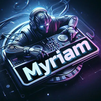 Estilo cyberpunk con DJ robot tocando, nombre en primer plano con iluminación neón. - Myriam