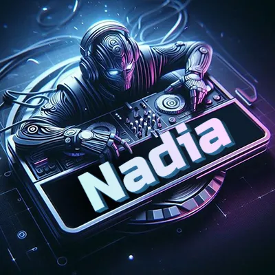 Estilo cyberpunk con DJ robot tocando, nombre en primer plano con iluminación neón. - Nadia