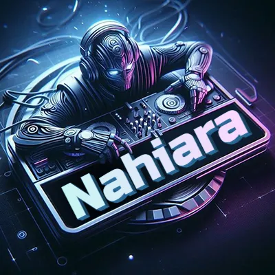 Estilo cyberpunk con DJ robot tocando, nombre en primer plano con iluminación neón. - Nahiara