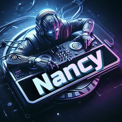 Estilo cyberpunk con DJ robot tocando, nombre en primer plano con iluminación neón. - Nancy Estilo cyberpunk con DJ robot tocando, nombre en primer plano con iluminación neón. - Nancy