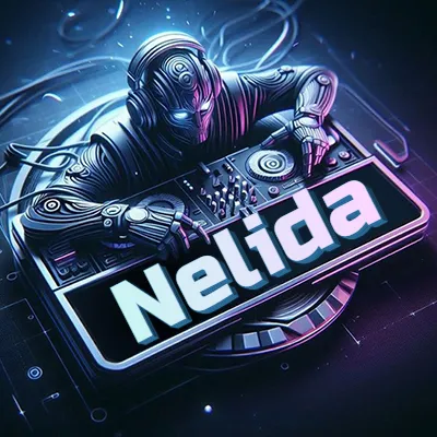 Estilo cyberpunk con DJ robot tocando, nombre en primer plano con iluminación neón. - Nelida