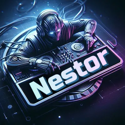 Estilo cyberpunk con DJ robot tocando, nombre en primer plano con iluminación neón. - Nestor