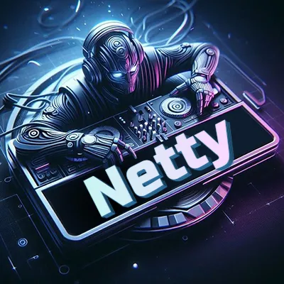 Estilo cyberpunk con DJ robot tocando, nombre en primer plano con iluminación neón. - Netty