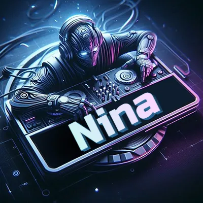 Estilo cyberpunk con DJ robot tocando, nombre en primer plano con iluminación neón. - Nina