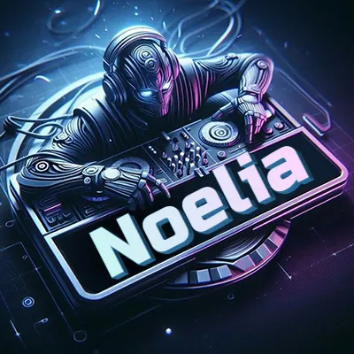 Estilo cyberpunk con DJ robot tocando, nombre en primer plano con iluminación neón. - Noelia