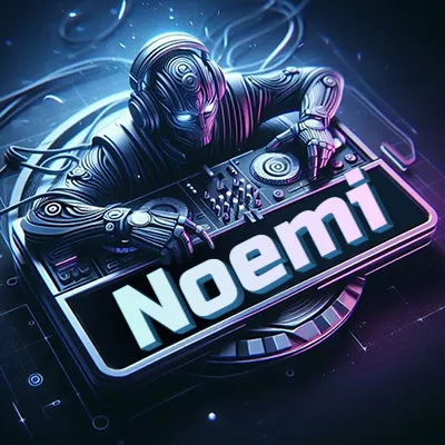 Estilo cyberpunk con DJ robot tocando, nombre en primer plano con iluminación neón. - Noemi