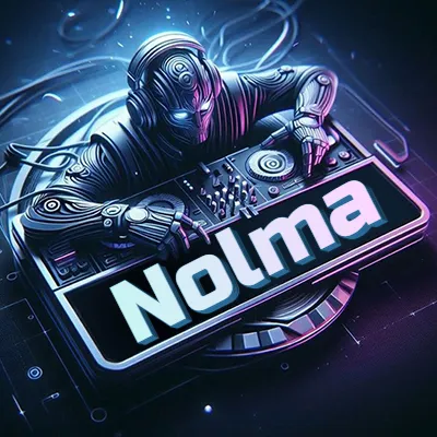 Estilo cyberpunk con DJ robot tocando, nombre en primer plano con iluminación neón. - Nolma
