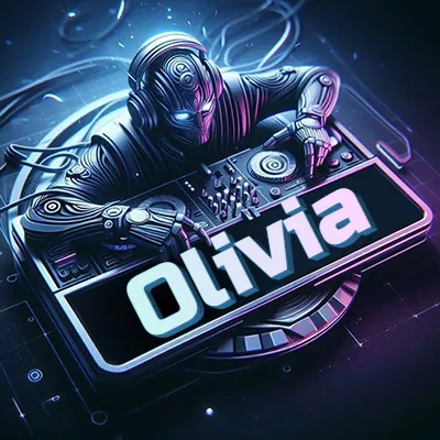 Estilo cyberpunk con DJ robot tocando, nombre en primer plano con iluminación neón. - Olivia
