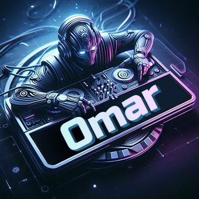 Estilo cyberpunk con DJ robot tocando, nombre en primer plano con iluminación neón. - Omar