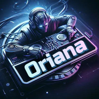 Estilo cyberpunk con DJ robot tocando, nombre en primer plano con iluminación neón. - Oriana