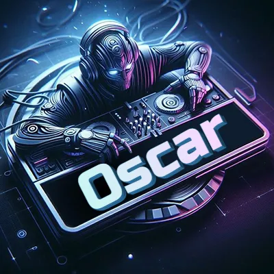 Estilo cyberpunk con DJ robot tocando, nombre en primer plano con iluminación neón. - Oscar