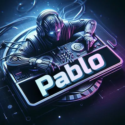 Estilo cyberpunk con DJ robot tocando, nombre en primer plano con iluminación neón. - Pablo