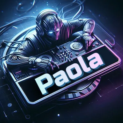 Estilo cyberpunk con DJ robot tocando, nombre en primer plano con iluminación neón. - Paola