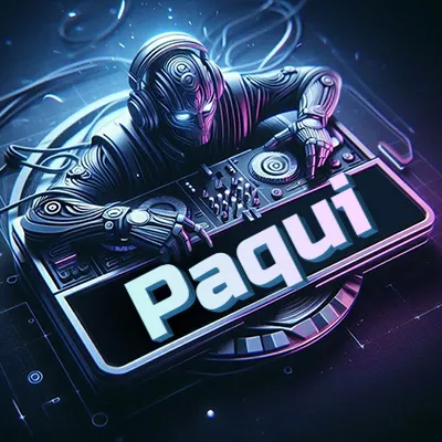 Personaje DJ robot con diseño futurista, usando auriculares y parado frente a una consola de música avanzada que emite luz azul neón y cables conectados. El nombre Paqui está escrito en 3D destacado sobre la consola de música en la parte frontal de la imagen.