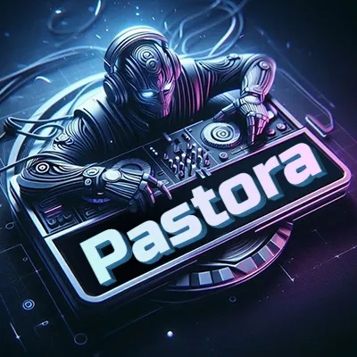 Estilo cyberpunk con DJ robot tocando, nombre en primer plano con iluminación neón. - Pastora