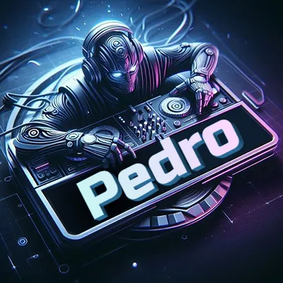 Estilo cyberpunk con DJ robot tocando, nombre en primer plano con iluminación neón. - Pedro