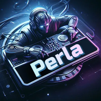 Estilo cyberpunk con DJ robot tocando, nombre en primer plano con iluminación neón. - Perla