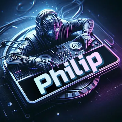 Estilo cyberpunk con DJ robot tocando, nombre en primer plano con iluminación neón. - Philip