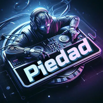 Estilo cyberpunk con DJ robot tocando, nombre en primer plano con iluminación neón. - Piedad