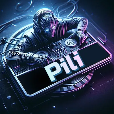 Estilo cyberpunk con DJ robot tocando, nombre en primer plano con iluminación neón. - Pili