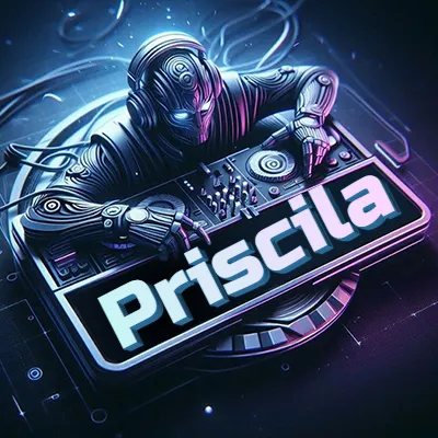 Estilo cyberpunk con DJ robot tocando, nombre en primer plano con iluminación neón. - Priscila