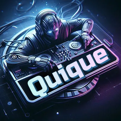 Estilo cyberpunk con DJ robot tocando, nombre en primer plano con iluminación neón. - Quique