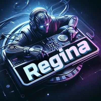 Estilo cyberpunk con DJ robot tocando, nombre en primer plano con iluminación neón. - Regina