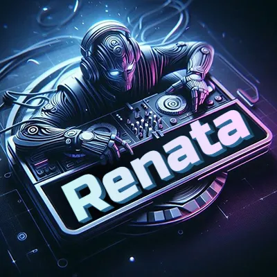 Estilo cyberpunk con DJ robot tocando, nombre en primer plano con iluminación neón. - Renata