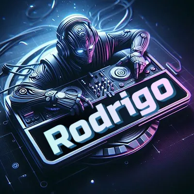 Estilo cyberpunk con DJ robot tocando, nombre en primer plano con iluminación neón. - Rodrigo