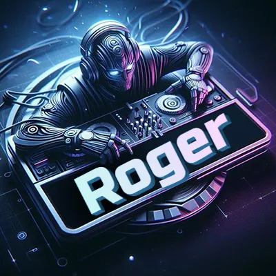 Estilo cyberpunk con DJ robot tocando, nombre en primer plano con iluminación neón. - Roger