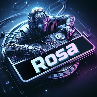 Personaje DJ robot con diseño futurista, usando auriculares y parado frente a una consola de música avanzada que emite luz azul neón y cables conectados. El nombre Rosa está escrito en 3D destacado sobre la consola de música en la parte frontal de la imagen. Personaje DJ robot con diseño futurista, usando auriculares y parado frente a una consola de música avanzada que emite luz azul neón y cables conectados. El nombre Rosa está escrito en 3D destacado sobre la consola de música en la parte frontal de la imagen.