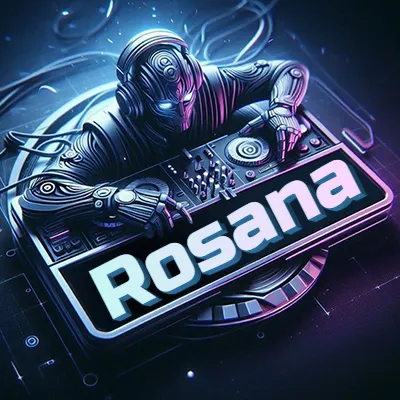 Estilo cyberpunk con DJ robot tocando, nombre en primer plano con iluminación neón. - Rosana