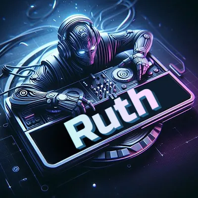 Estilo cyberpunk con DJ robot tocando, nombre en primer plano con iluminación neón. - Ruth Estilo cyberpunk con DJ robot tocando, nombre en primer plano con iluminación neón. - Ruth