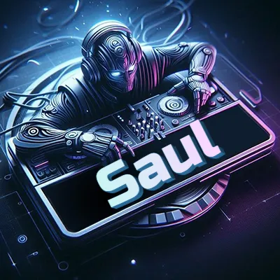 Personaje DJ robot con diseño futurista, usando auriculares y parado frente a una consola de música avanzada que emite luz azul neón y cables conectados. El nombre Saul está escrito en 3D destacado sobre la consola de música en la parte frontal de la imagen.