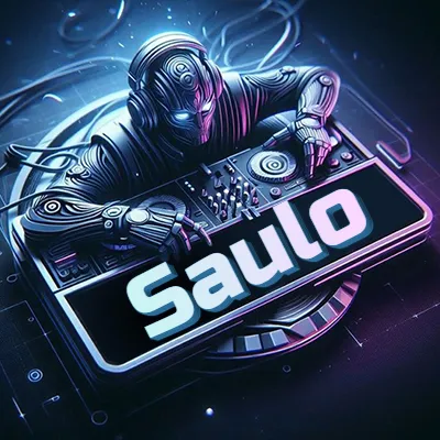 Estilo cyberpunk con DJ robot tocando, nombre en primer plano con iluminación neón. - Saulo