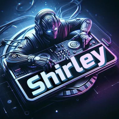 Estilo cyberpunk con DJ robot tocando, nombre en primer plano con iluminación neón. - Shirley