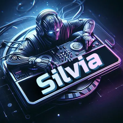 Estilo cyberpunk con DJ robot tocando, nombre en primer plano con iluminación neón. - Silvia Estilo cyberpunk con DJ robot tocando, nombre en primer plano con iluminación neón. - Silvia